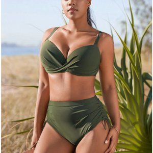 Army Green DD+ Twist Push Up High Waisted Bikini Swimsuit
